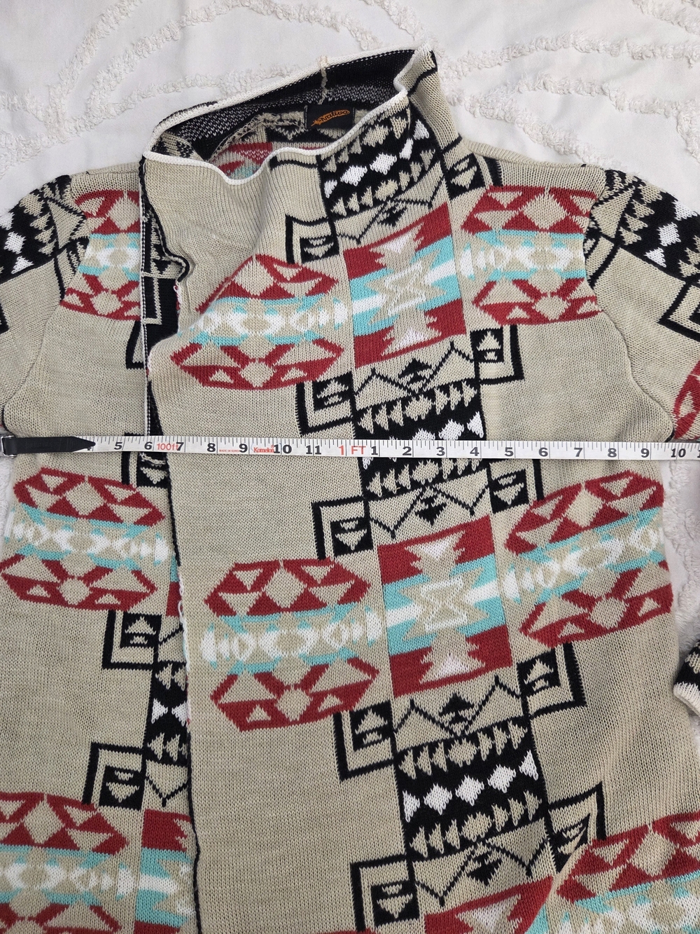 Native Aztec-Pattern Open-Front Cardigan - Cream, Red & Turquoise - Picture 5 of 6